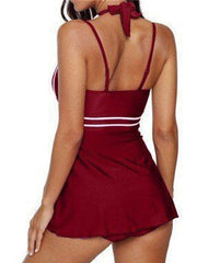 Plus Size Women's Tankini Swimsuit - Backless Striped Halter V Wire in Black, Blue, Purple, Wine