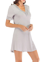 Women's Cozy Lace V-Neck Mini Dress - Casual Solid Color Lounge Wear