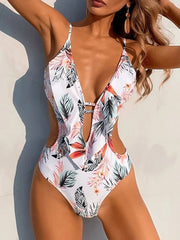 Women's Swimwear One Piece Monokini Bathing Suits trikini Normal Swimsuit Cut Out Slim Floral Print Leaf White Black Yellow Camisole Bodysuit Strap Bathing Suits New Vacation Fashion / Sexy