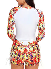 Plus Size Women's Rash Guard 2-Piece Swimsuit, Open Back, Floral Print, Black/Gray/Yellow