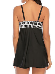 Plus Size Women's Tankini Swimsuit - Open Back, Striped Print, Padded, Black, Vacation Fashion
