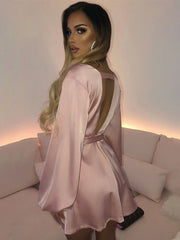 Women's Party Dress Satin Dress Sexy Dress Mini Dress Black Pink Long Sleeve Pure Color Backless Spring Fall Winter V Neck Fashion Winter Dress Fall Dress Slim  S M L XL