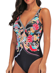 Women's Swimwear One Piece Monokini Bathing Suits Normal Swimsuit Tummy Control Open Back Print Polka Dot Flower Black V Wire Bathing Suits New Casual Vacation / Modern