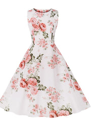 Women's Elegant Sleeveless Floral Bow Crew Neck Slim Swing Dress