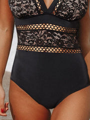 Women's Swimwear One Piece Monokini Plus Size Swimsuit Lace Tummy Control Open Back Pure Color Black V Wire Bathing Suits New Vacation Fashion
