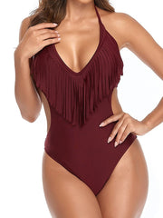 Women's Stylish One Piece Monokini Swimsuit: Tassel, Open Back, Halter, Padded, V Wire, Multiple Colors