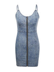 Women's Denim Bodycon Mini Dress with Pockets - Sleeveless Zippered Sheath for Summer