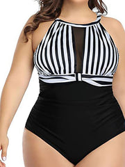 Plus Size Women's Floral Striped One Piece Swimsuit - Modern, Sexy, Padded, Vacation Swimwear