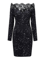 Women‘s Party Dress Wedding Guest Dress Lace Dress Bodycon Black Long Sleeve Pure Color Lace Fall Spring Off Shoulder Party Winter Dress Evening Party  S M L XL XXL