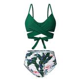 Women's Swimwear Bikini 2 Piece Plus Size Swimsuit Push Up High Waisted for Big Busts Solid Color Leaf Floral figure 1 Figure 5 Dark Green Green Bathing Suits Sexy Active Vacation