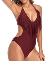 Women's Stylish One Piece Monokini Swimsuit: Tassel, Open Back, Halter, Padded, V Wire, Multiple Colors