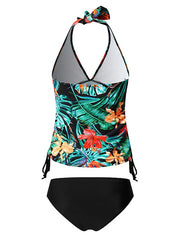 Women's Floral Tankini Swimsuit, High-Waisted, Padded, V-Wire, Green/Blue, Sexy Sports Vacation