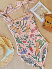 Women's Swimwear One Piece Monokini Bathing Suits Normal Swimsuit Water Sports Tummy Control Open Back Print Flower Printing Green Blue Rosy Pink Bathing Suits New Vacation Vintage / Casual / Cute