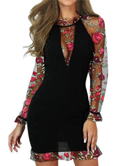 Women's Sheath Dress Mini Dress Black Long Sleeve Floral Mesh Winter Fall Autumn Turtleneck Stylish Winter Dress Weekend Fall Dress