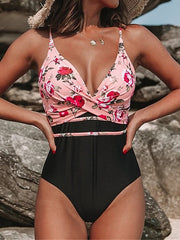 Women's Floral V-Wire One Piece Swimsuit, Tummy Control, Open Back, Rosy Pink, Sexy Vacation Fashion