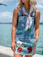 Women's Overalls Mini Denim Light Blue Skirts Print