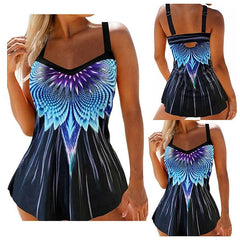 spot european and american new sexy gradient feather print folds new foreign trade bikini split swimsuit
