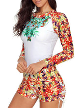 Plus Size Women's Rash Guard 2-Piece Swimsuit, Open Back, Floral Print, Black/Gray/Yellow