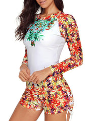 Plus Size Women's Rash Guard 2-Piece Swimsuit, Open Back, Floral Print, Black/Gray/Yellow