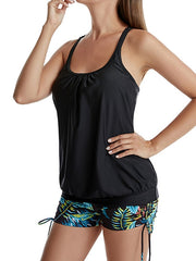 Women's Tankini 2-Piece Backless Swimsuit, Pleated Print, Dots & Leaf, Padded Scoop Neck, Vacation Fashion