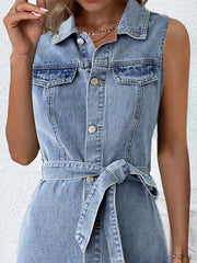 Women's Sleeveless Denim Midi Shirt Dress with Lace-Up Detail for Summer