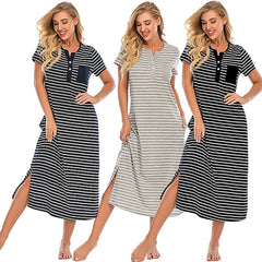Women's Pajamas Nightgown Nighty Pjs Stripe Comfort Party Home Daily Cotton Gift Short Sleeve Spring Summer Royal Blue Grey