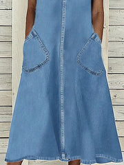 Women's Denim Midi Dress with Lace Pocket - U Neck, Short Sleeve for Summer