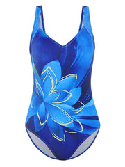 Women's Swimwear One Piece Normal Swimsuit Water Sports Tummy Control Open Back Print Striped Flower Blue Green V Wire Bathing Suits New Vacation Holiday