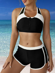 Women's Swimwear Tankini 2 Piece Normal Swimsuit 2 Piece Front Zip Color Block Lake blue White Yellow Red Blue High Neck Bathing Suits Sports Summer