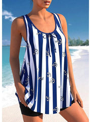 Women's Swimwear Tankini 2 Piece Normal Swimsuit 2 Piece Printing Striped Navy Tank Top High Neck Bathing Suits Sports Beach Wear Summer