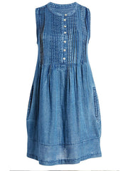 Women's Sleeveless Denim Midi Dress with Pockets - Casual Crew Neck Summer Dress