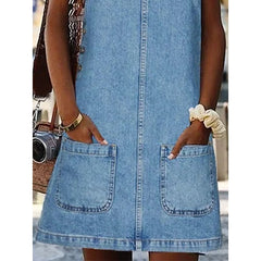 Women's Denim Pinafore Mini Dress - Sleeveless U-Neck Casual Summer Shift Dress