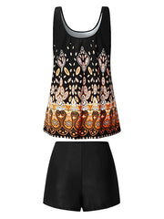 Plus Size Yellow Geometric Tankini Swimsuit for Women - Open Back, Padded, Vacation Fashion