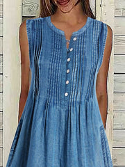 Women's Sleeveless Denim Midi Dress with Pockets - Casual Crew Neck Summer Dress