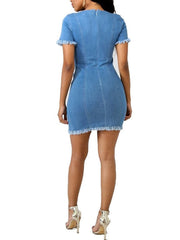 Women's Denim Bodycon Mini Dress with Tassel Fringe and Zipper Detail