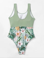 Women's Swimwear One Piece Normal Swimsuit Printing Floral Purple Green Bodysuit Bathing Suits Sports Beach Wear Summer