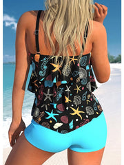 Women's Swimwear Tankini 2 Piece Normal Swimsuit 2 Piece Printing Graphic Black Blue Tank Top High Neck Bathing Suits Sports Beach Wear Summer