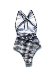 Women's Swimwear One Piece Normal Swimsuit Lace up Tummy Control Printing Houndstooth Black Bodysuit Bathing Suits Sports Beach Wear Summer