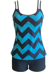 Women's Swimwear Tankini with Shorts / Top Normal Swimsuit Printing Adjustable Waves Stripes / Ripples Blue Camisole Strap