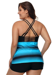 Plus Size Women's Tankini Swimsuit - Push Up, Striped, Padded, Scoop Neck, Sports & Vacation Wear