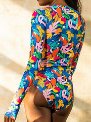 Women's Swimwear One Piece Normal Swimsuit Printing Front Zip Floral Blue Green Bodysuit Bathing Suits Sports Summer