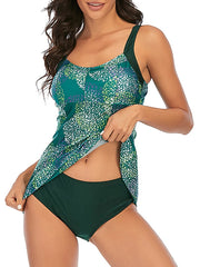 Plus Size Women's Tankini Swimsuit - Open Back, Graphic Print, Green/Purple, Padded, Vacation Fashion