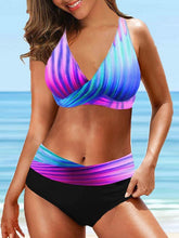 Women's Swimwear Bikini 2 Piece Plus Size Swimsuit Backless Printing High Waisted Geometic Stripes / Ripples Black Purple V Wire Bathing Suits New Stylish Vacation / Sexy / Padded Bras