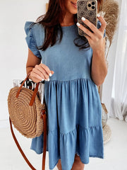 Women's Denim Mini Swing Dress - Casual Short Sleeve Crew Neck for Summer