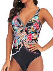 Women's Swimwear One Piece Monokini Bathing Suits Normal Swimsuit Tummy Control Open Back Print Polka Dot Flower Black V Wire Bathing Suits New Casual Vacation / Modern