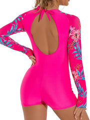 Women's Swimwear Rash Guard Diving Normal Swimsuit Modest Swimwear Tummy Control Open Back Printing Leaves Pink Scoop Neck Bathing Suits Sports Vacation Fashion