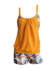 Women's Swimwear Tankini 2 Piece Plus Size Swimsuit Backless 2 Piece Leaves Green Yellow Rosy Pink Bathing Suits New Vacation Casual / Modern / Print