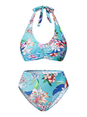 Women's Swimwear Bikini 2 Piece Normal Swimsuit Lace up Push Up Floral Light Blue Royal Blue Halter Bathing Suits Sexy Active Vacation / New / Padded Bras