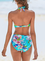 Women's Swimwear Bikini 2 Piece Normal Swimsuit Lace up Push Up Floral Light Blue Royal Blue Halter Bathing Suits Sexy Active Vacation / New / Padded Bras