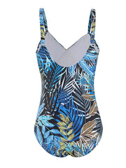 Women's Swimwear One Piece Monokini Bathing Suits Normal Swimsuit Tummy Control Open Back Printing Leaf Blue Strap Bathing Suits New Vacation Fashion / Modern / Padded Bras
